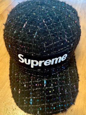 Supreme Black Tweed Sequin Cap with White Logo